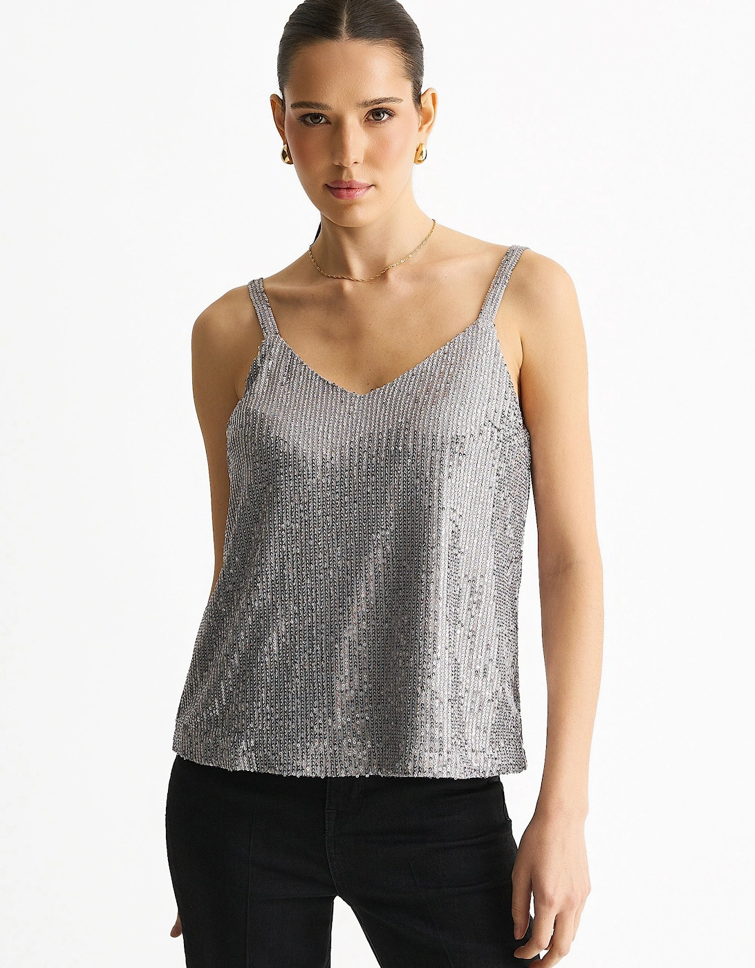 Gini London Women's Silver Sequin V Neck Cami Top - Size: 12/14