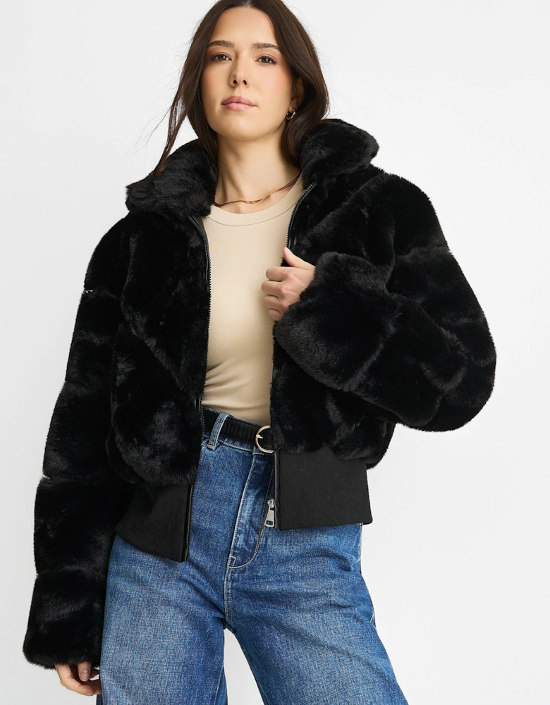 Black Faux Fur Zip Front Short Jacket