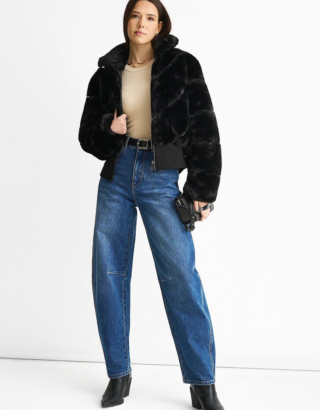 Black Faux Fur Zip Front Short Jacket