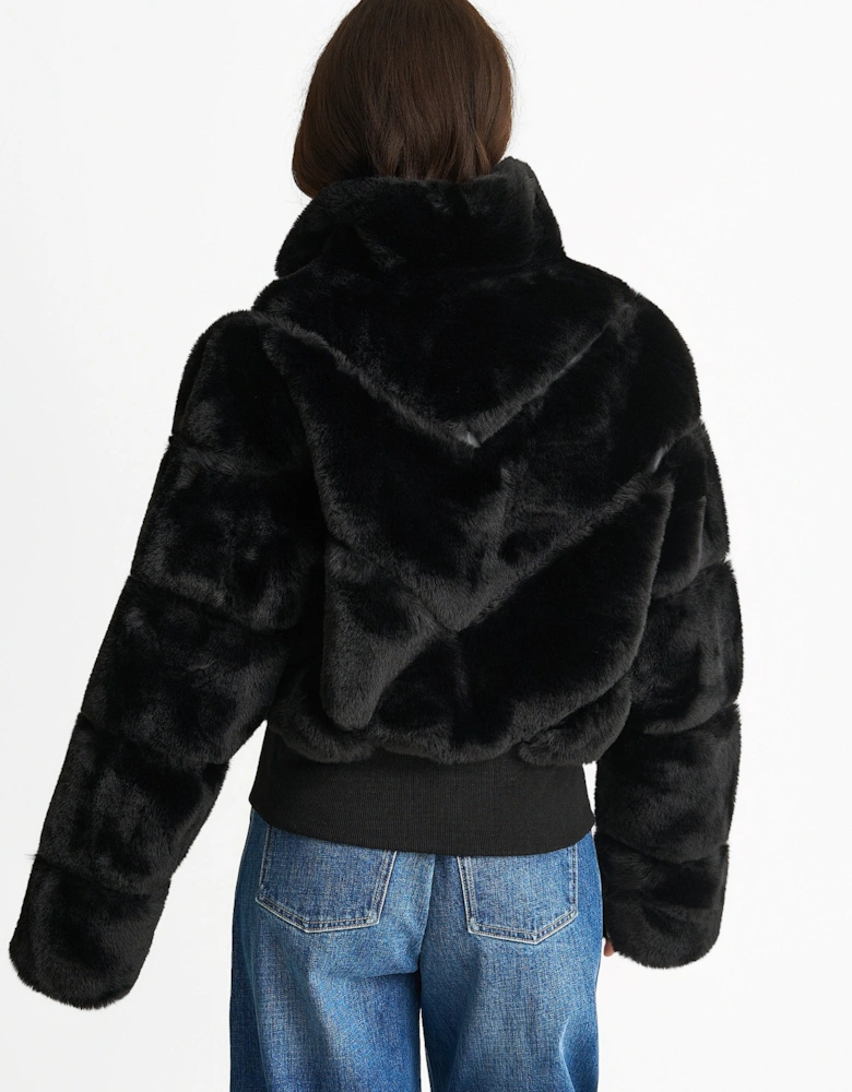 Black Faux Fur Zip Front Short Jacket
