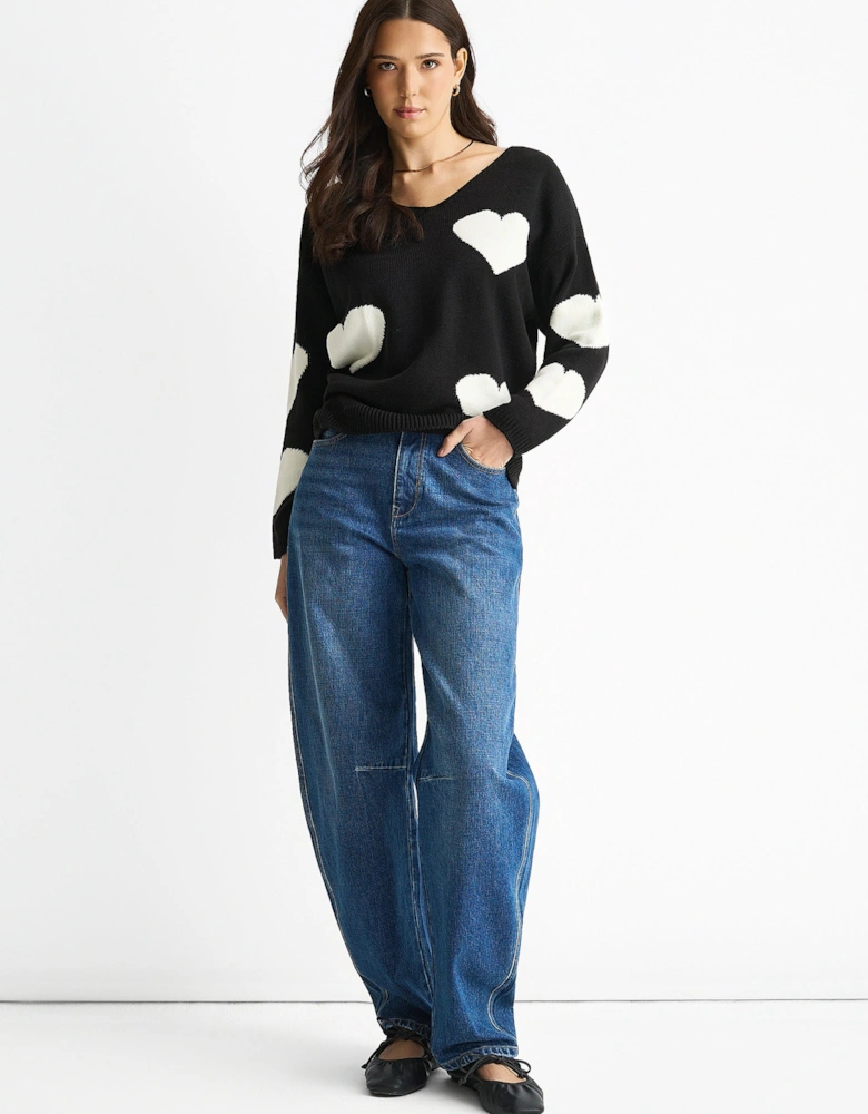 Black V Neck Oversized Heart Knit Jumper