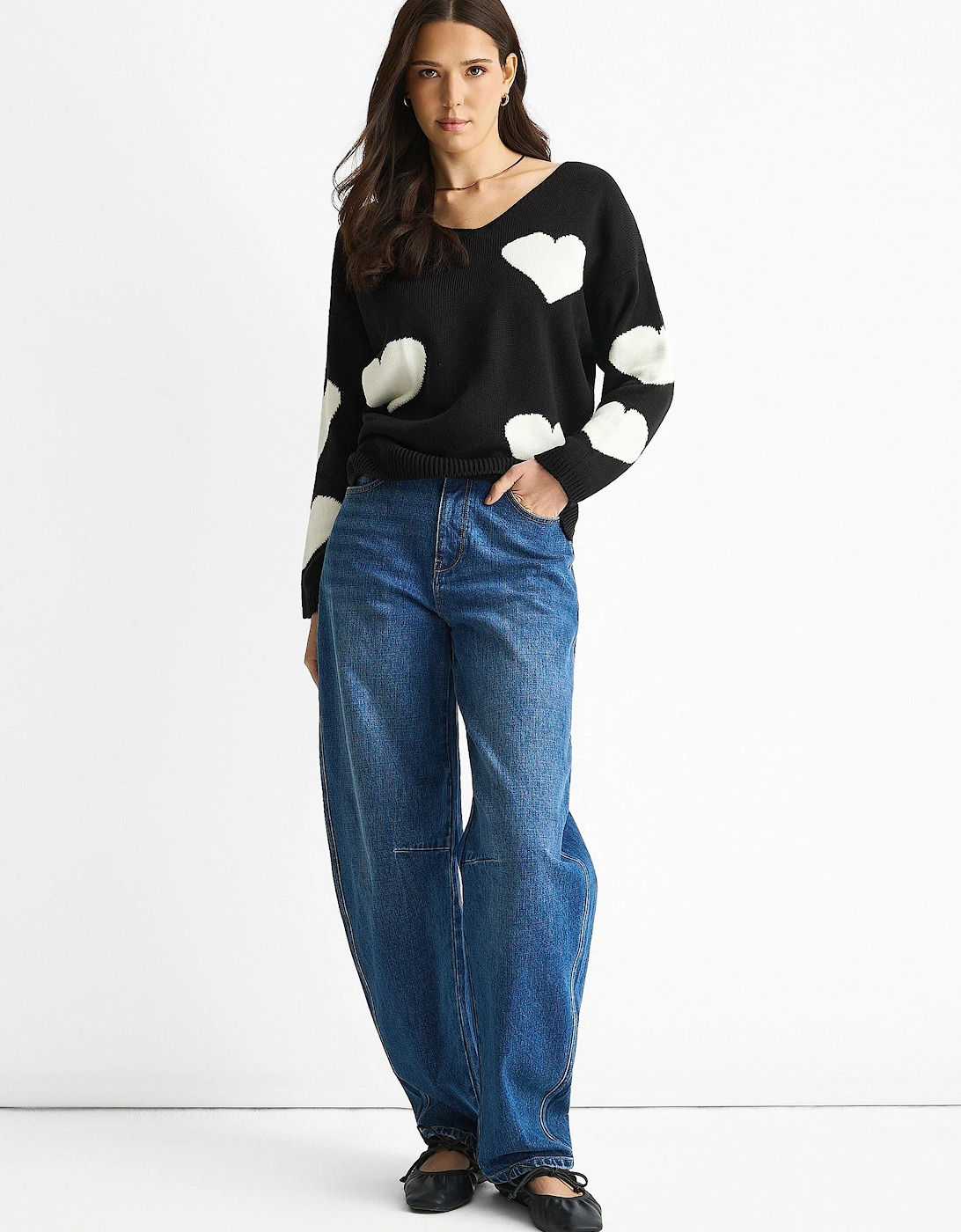 Black V Neck Oversized Heart Knit Jumper