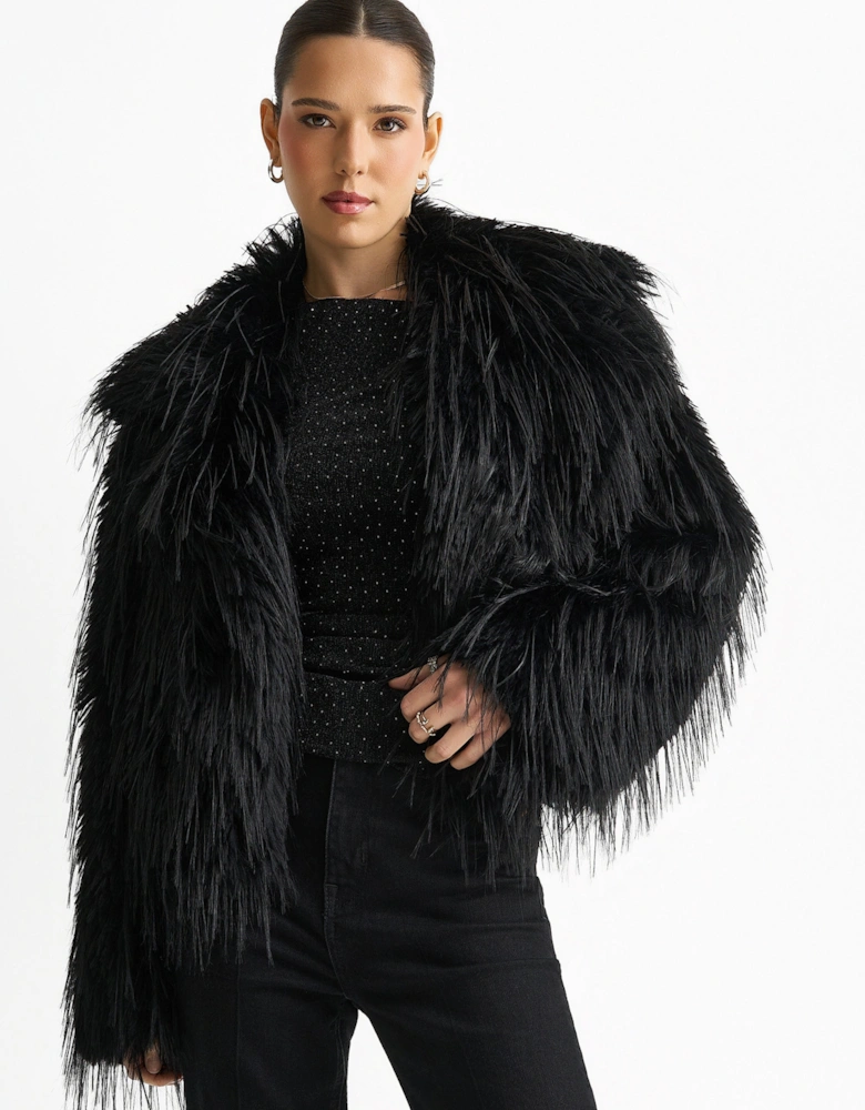 Black Plain Fringe Faux Fur Short Jacket
