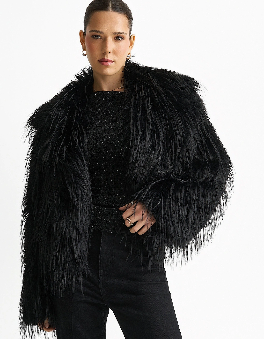 Black Plain Fringe Faux Fur Short Jacket, 5 of 4
