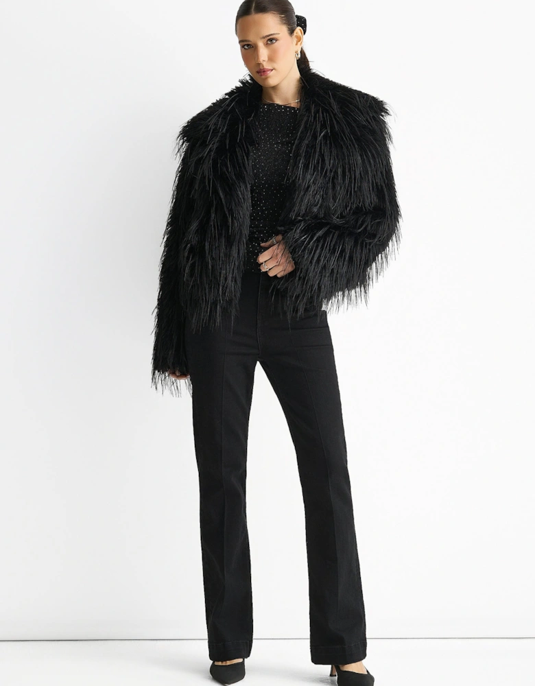 Black Plain Fringe Faux Fur Short Jacket