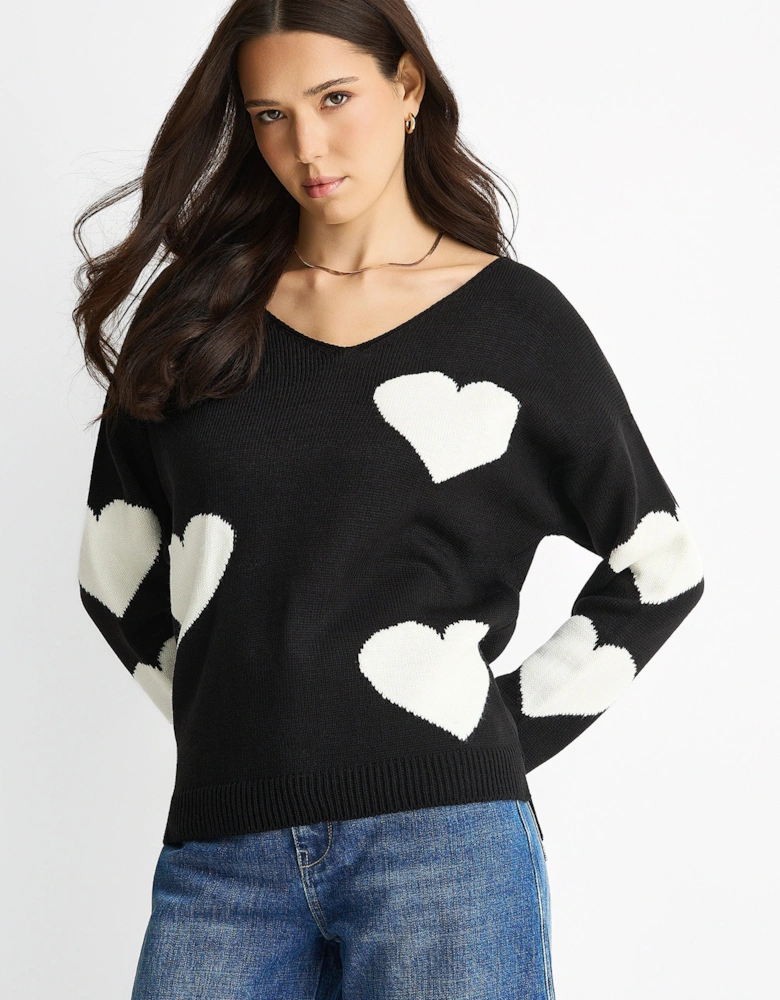 Black V Neck Oversized Heart Knit Jumper