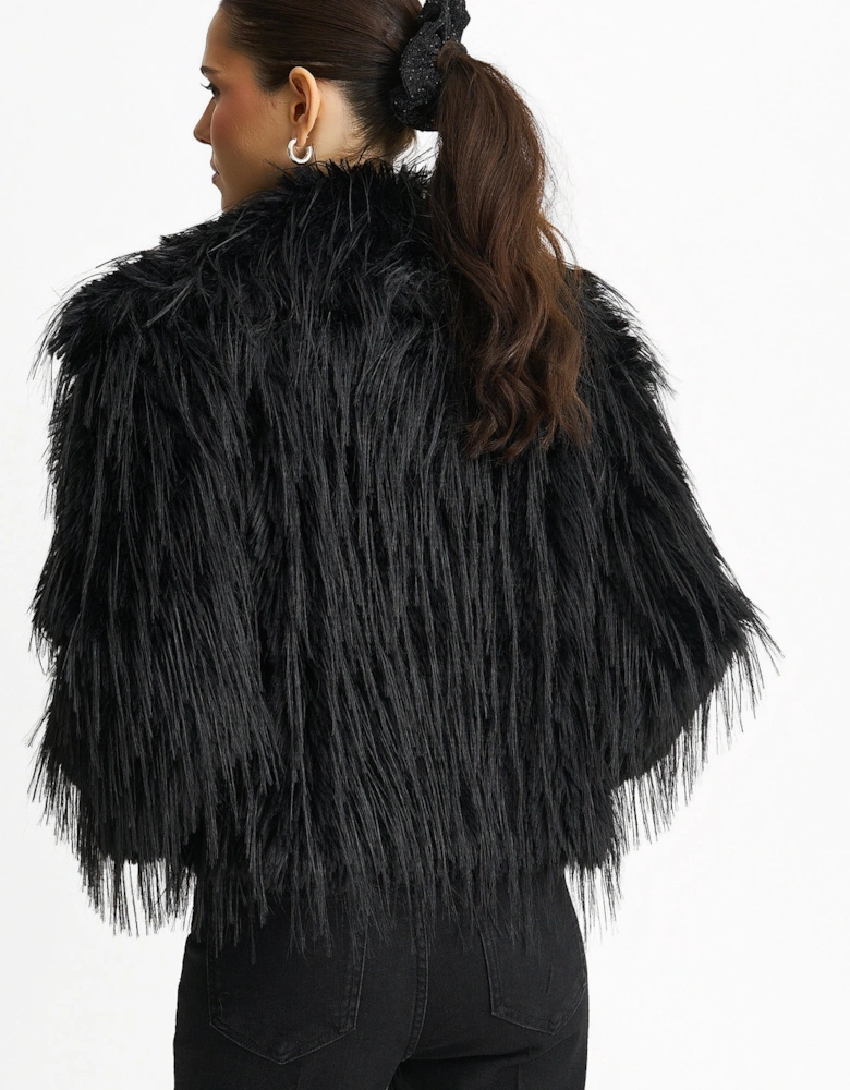 Black Plain Fringe Faux Fur Short Jacket