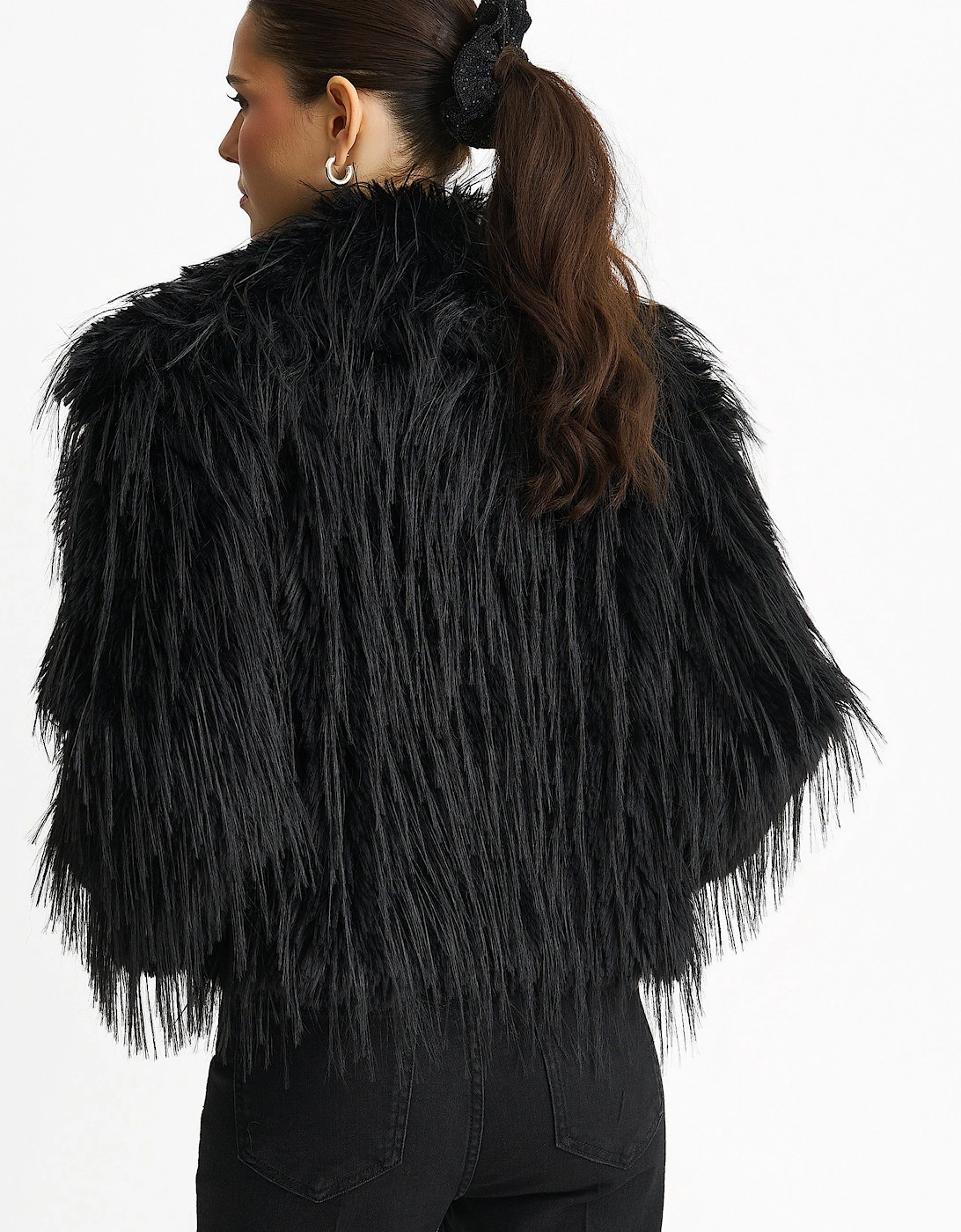 Black Plain Fringe Faux Fur Short Jacket