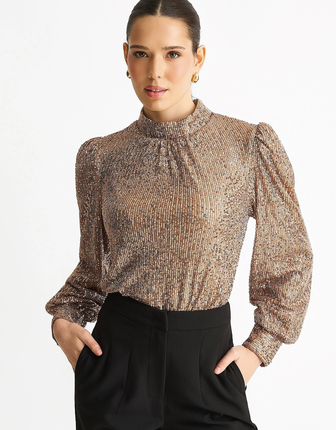 Mink Brown Sequin High Neck Loosefit Blouse, 5 of 4