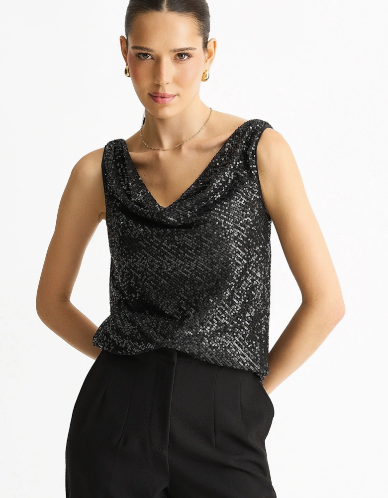 Black Sequin Cowl Neck Cami Top