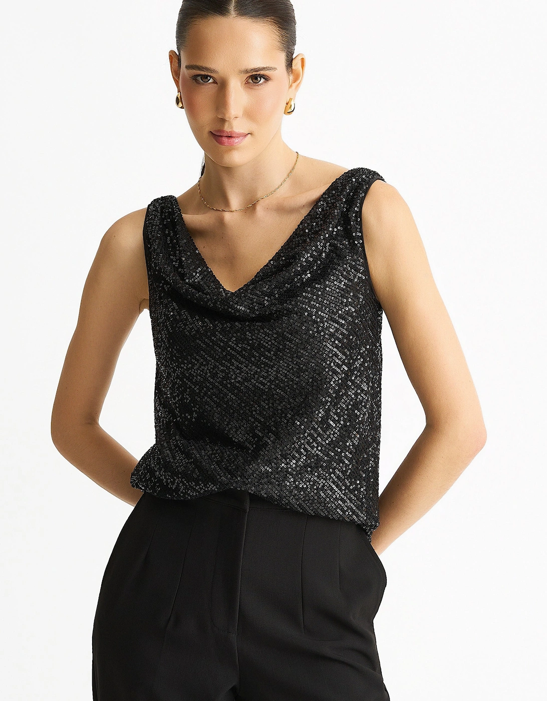 Gini London Women's Black Sequin Cowl Neck Cami Top - Size: 16