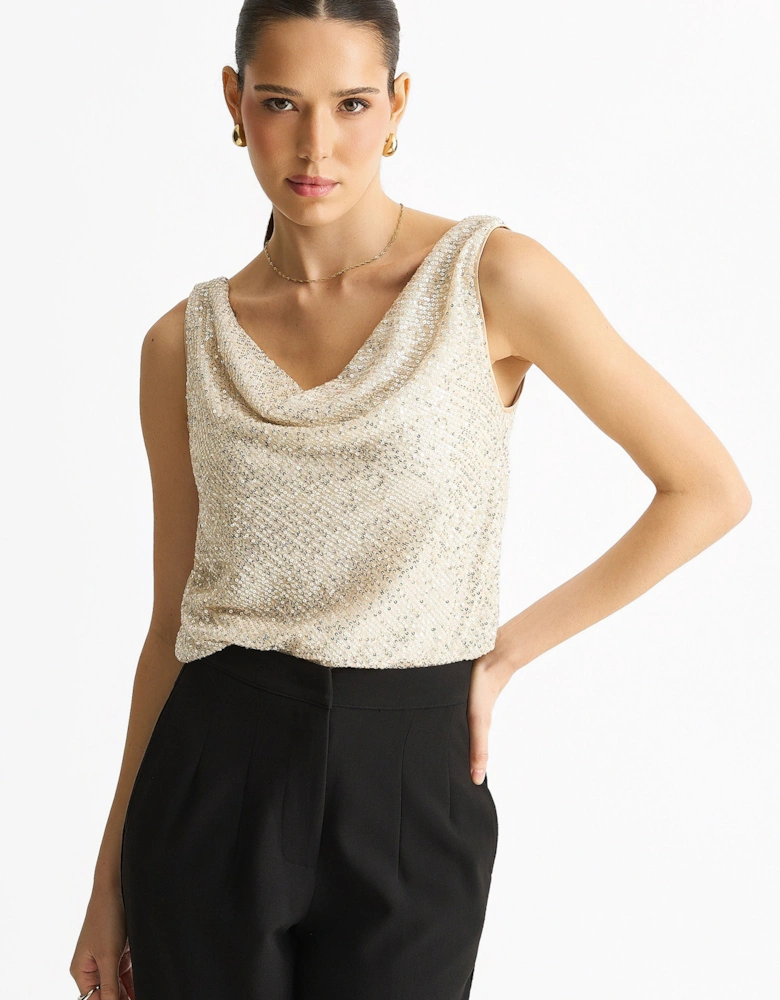 Champagne Sequin Cowl Neck Cami Top