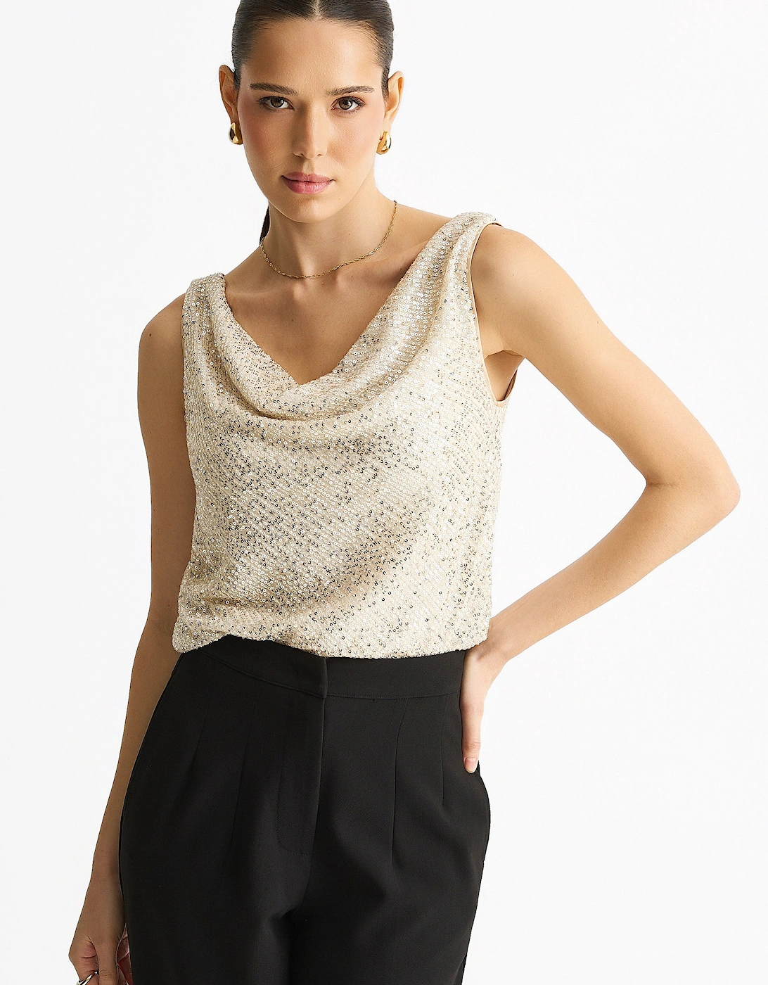 Gini London Women's Champagne Sequin Cowl Neck Cami Top - Tan - Size: 8