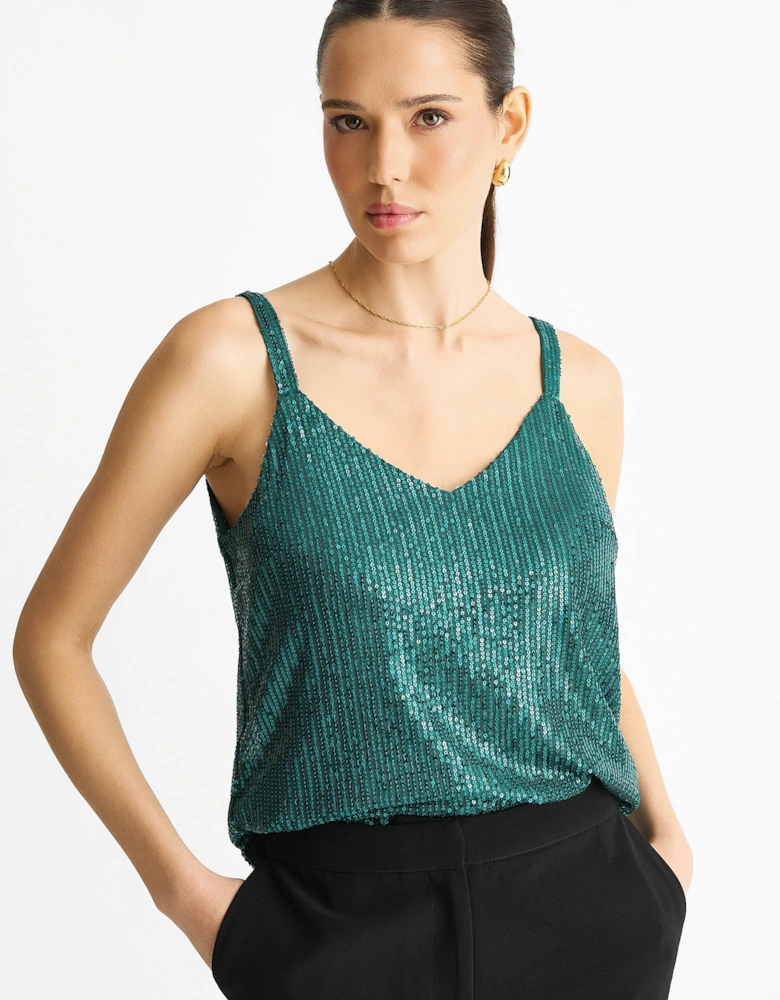 Green Sequin V Neck Cami Top