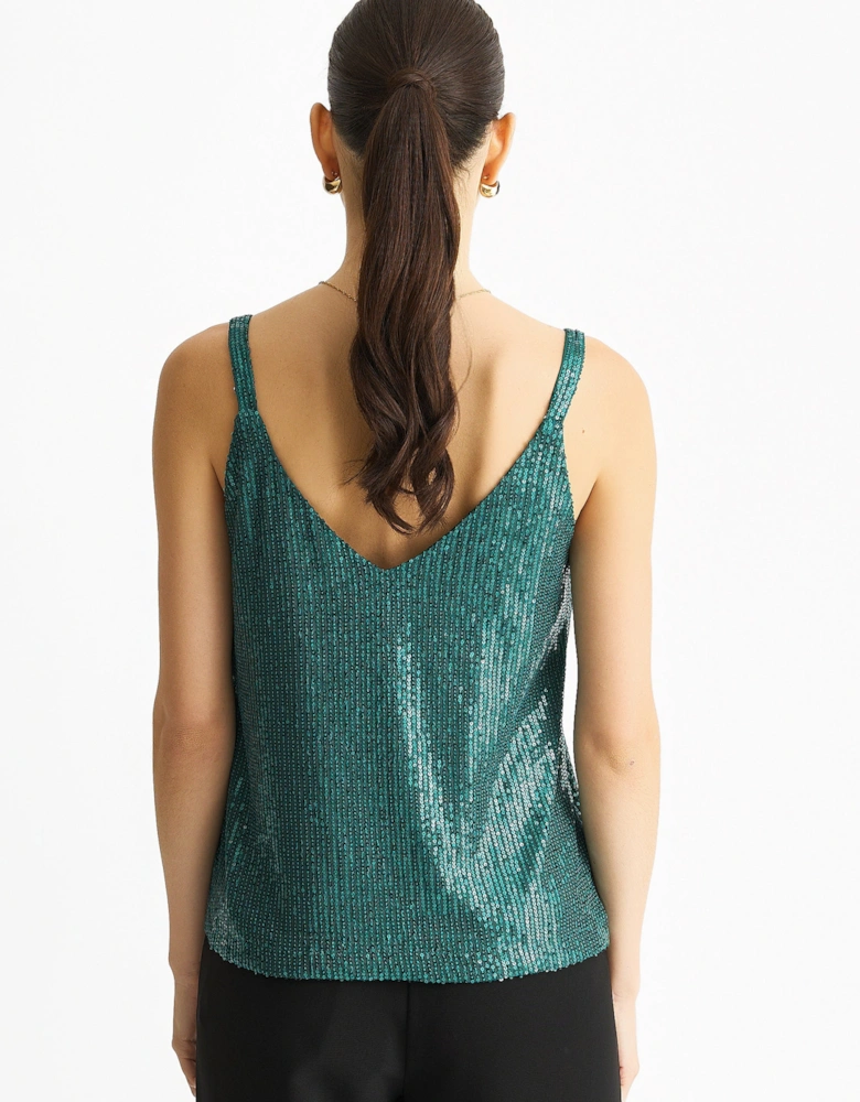 Green Sequin V Neck Cami Top