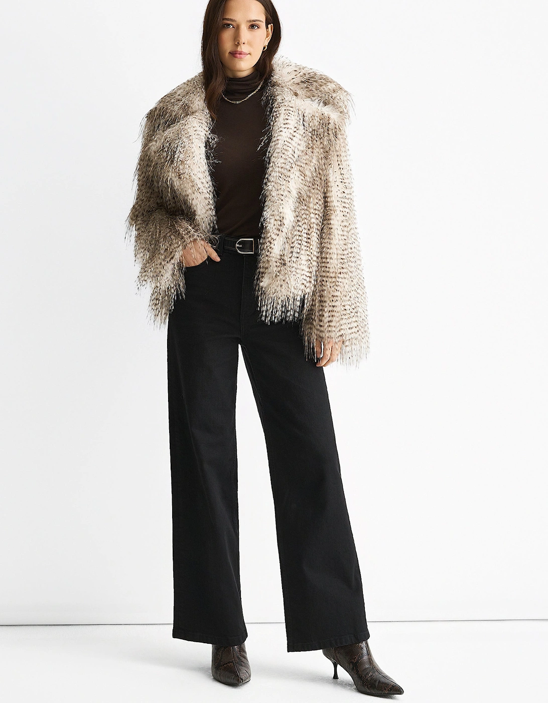 Brown Snow Leopard Faux Fur Short Jacket