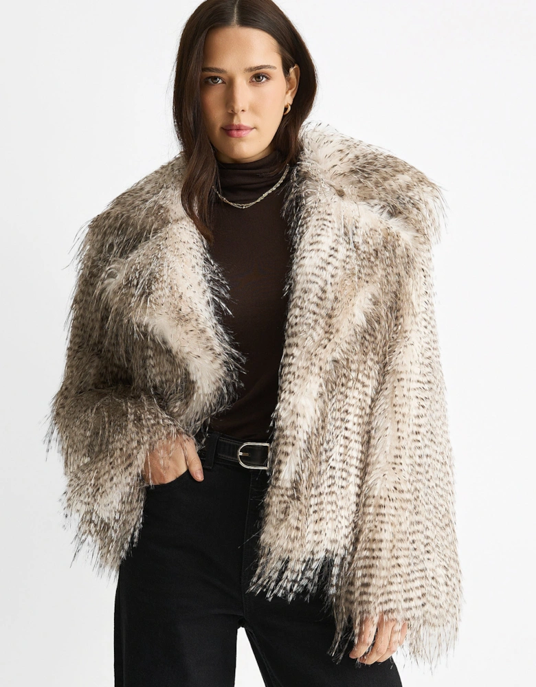 Brown Snow Leopard Faux Fur Short Jacket