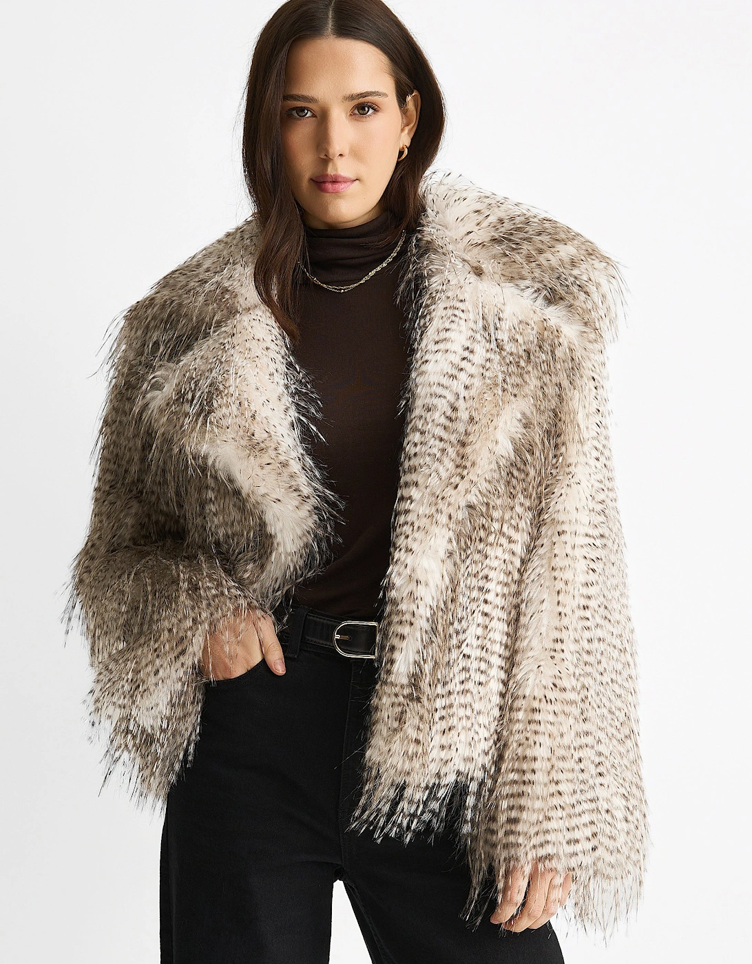 Brown Snow Leopard Faux Fur Short Jacket