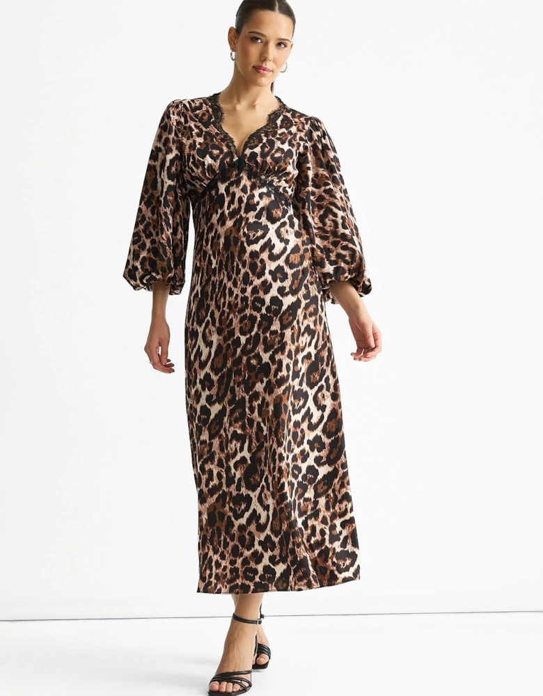 Brown Animal Lace Trim Satin Bias Midi Dress