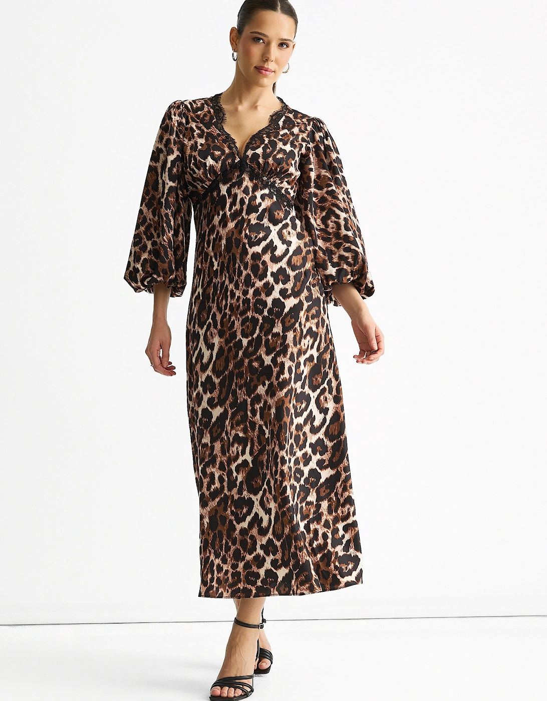 Brown Animal Lace Trim Satin Bias Midi Dress, 5 of 4
