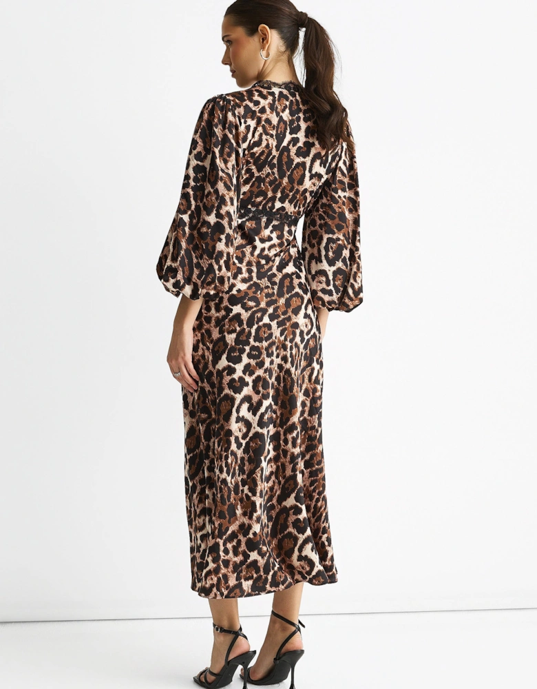 Brown Animal Lace Trim Satin Bias Midi Dress