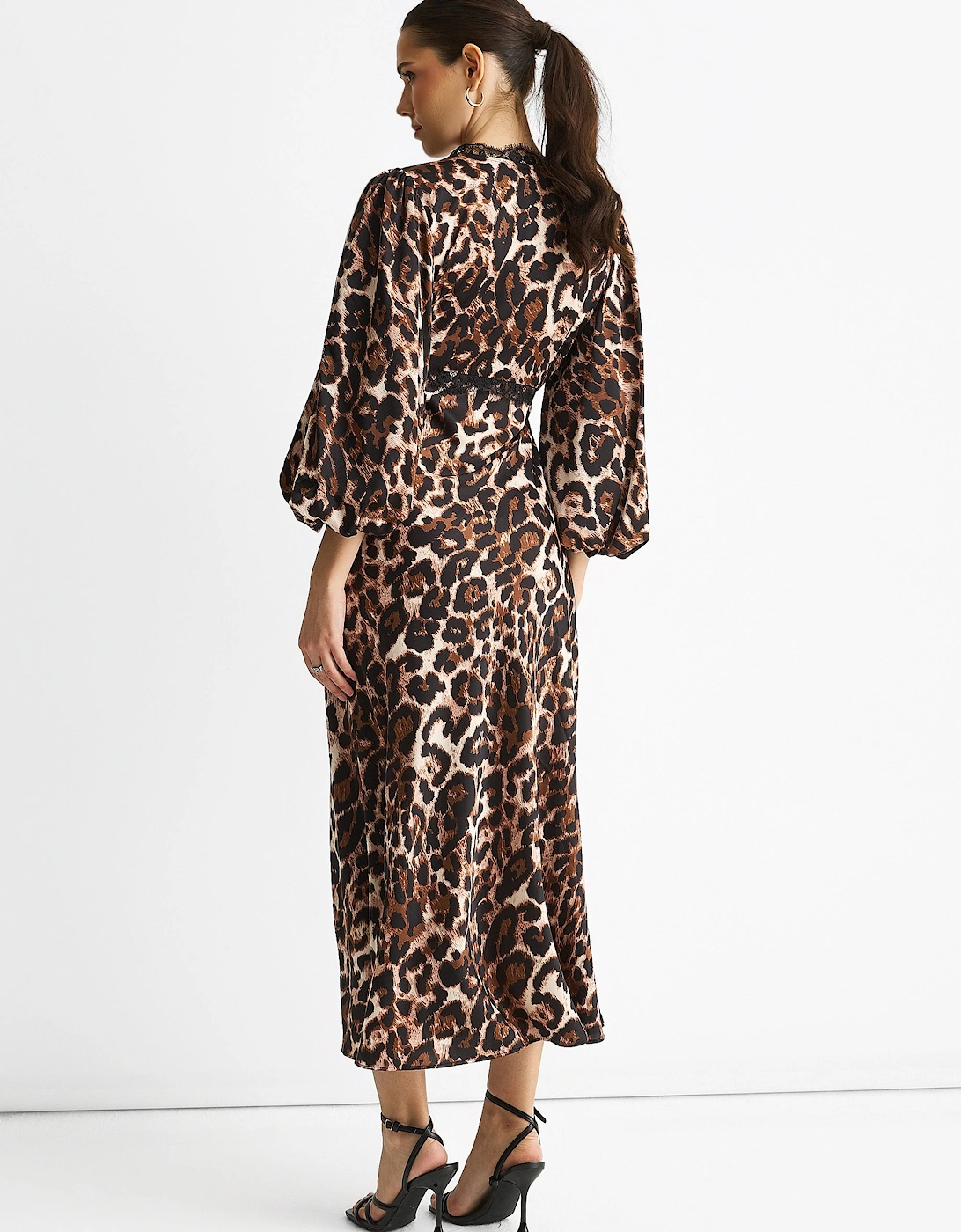 Brown Animal Lace Trim Satin Bias Midi Dress