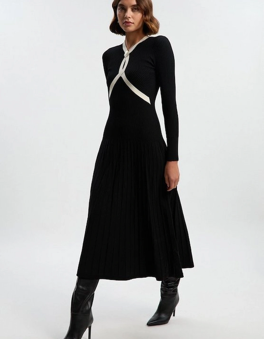 Rib Knit Trim Detail Full Skirt Midi Dress, 2 of 1