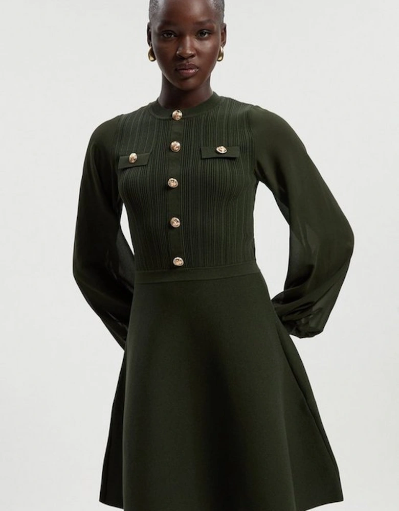 Viscose Blend Mini Knit Dress With Chiffon Sleeve Military Trim