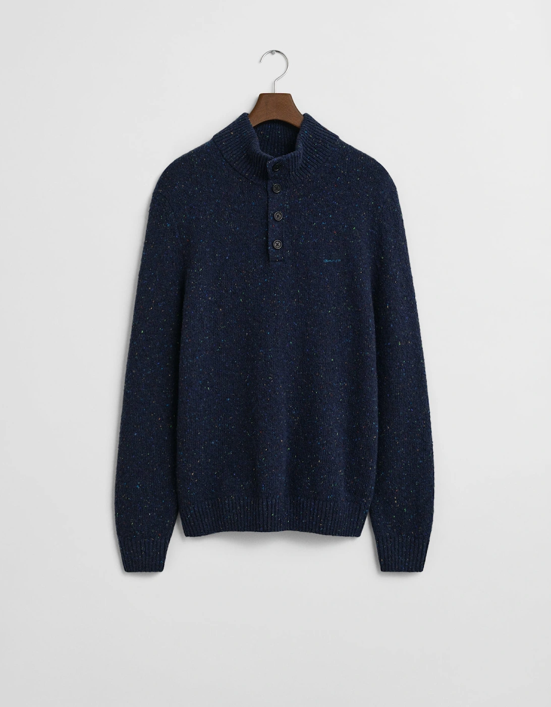 Gant Men's Navy Wool Blend Neps Half Buttoned Jumper - 433 Evening Blue - Size: 40