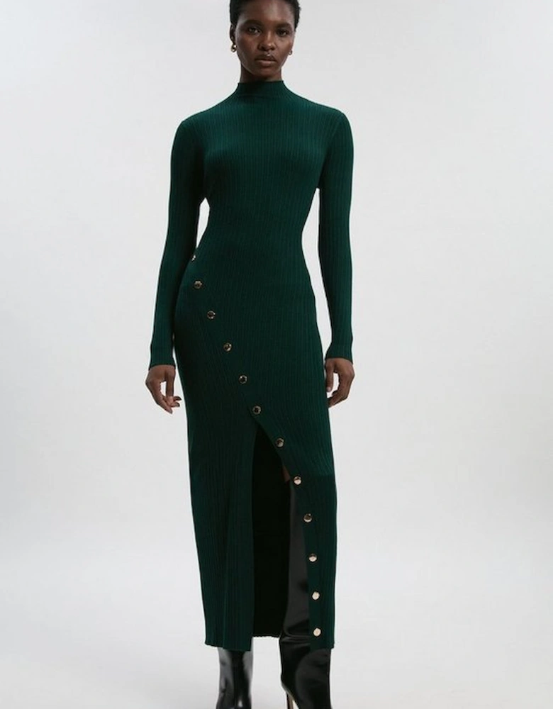 Viscose Blend Popper Detail Split Knit Midi Dress