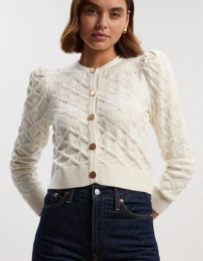 Cable Stitch Puff Sleeve Knit Cardigan