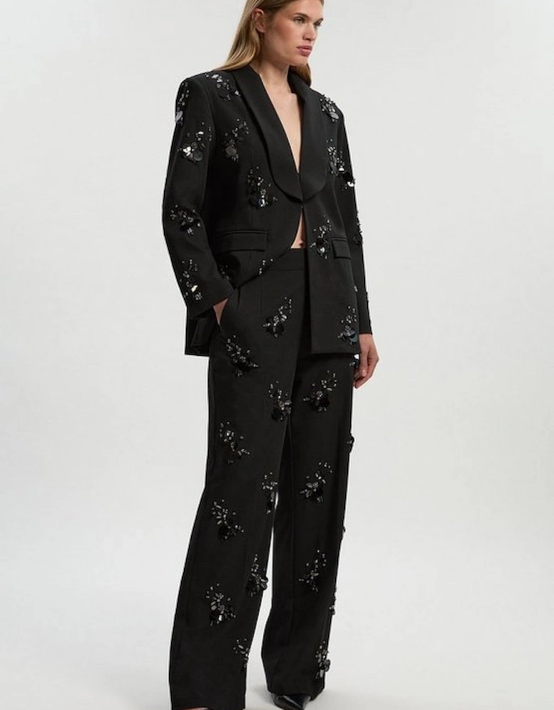 Cluster Sequin & Crystal Embellished Tailored Wide Leg Trouser