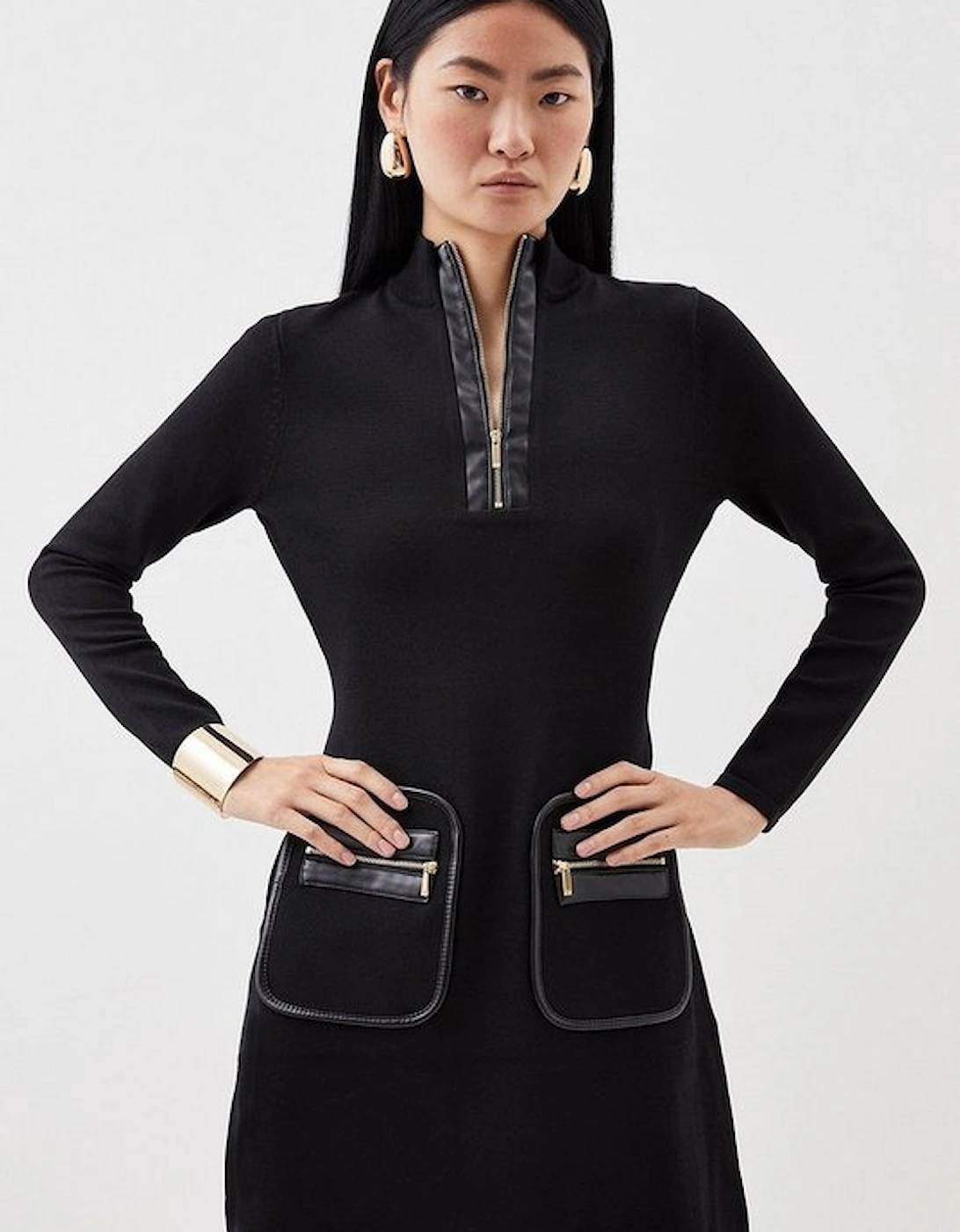 Viscose Blend Rib Knit Half Zip Mini Dress, 5 of 4