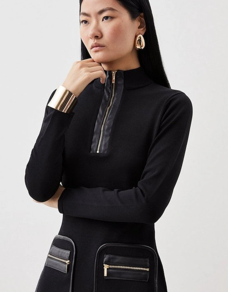 Viscose Blend Rib Knit Half Zip Mini Dress