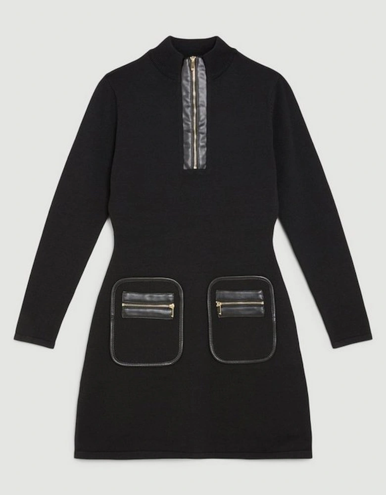 Viscose Blend Rib Knit Half Zip Mini Dress