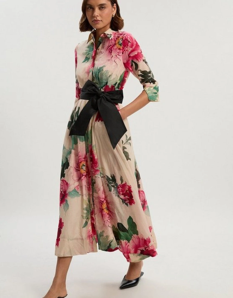 Silk Cotton Floral Print Woven Belted Maxi Shirt Dress