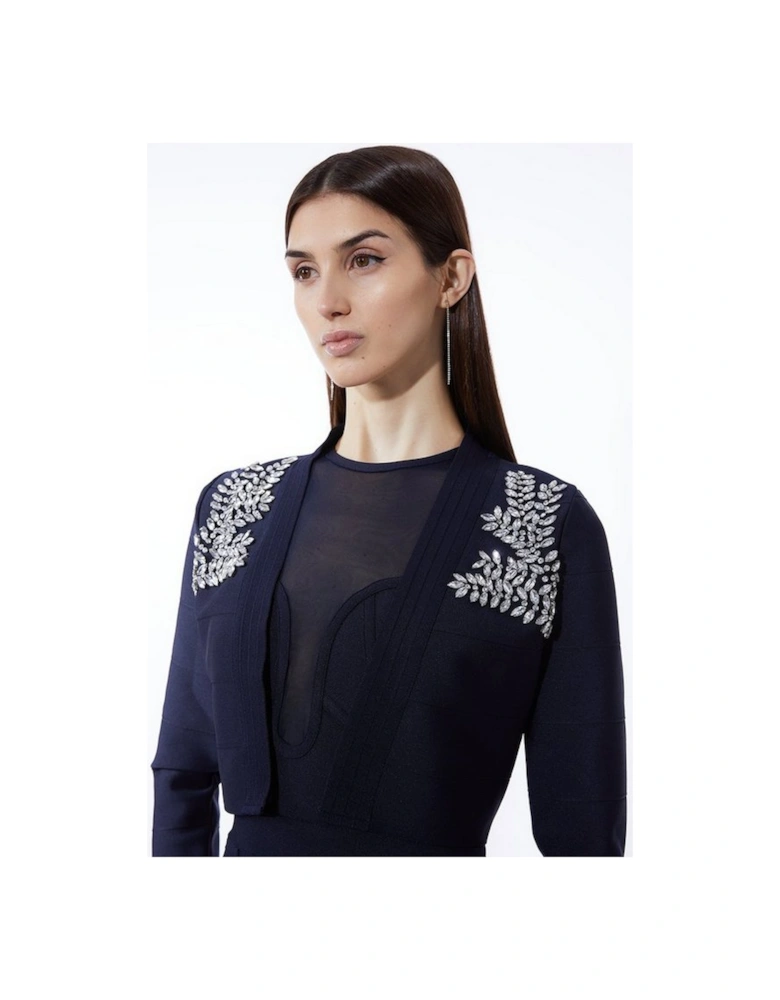 Figure Form Bandage Embellished Feather Cuff Crop Knit Jacket