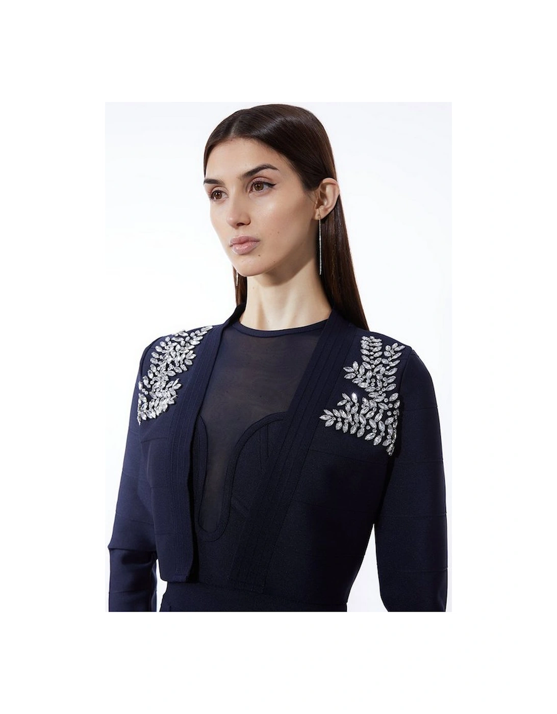 Figure Form Bandage Embellished Feather Cuff Crop Knit Jacket