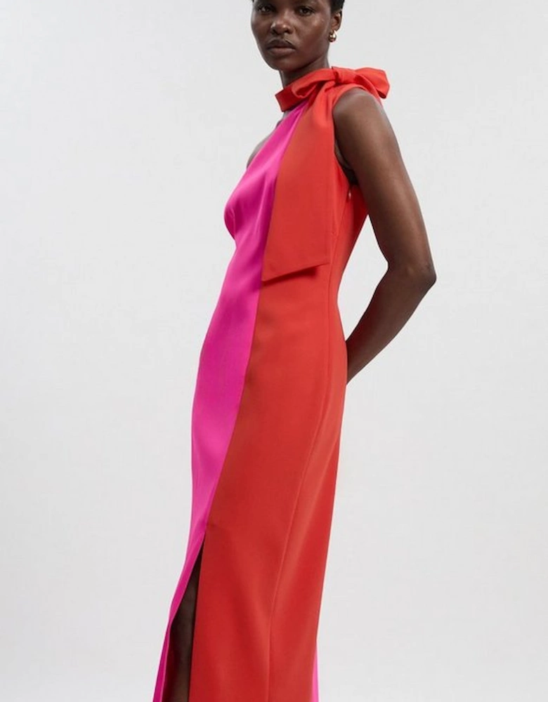 Petite Soft Tailored Colour Block Bow Tie Neck Midi Dress