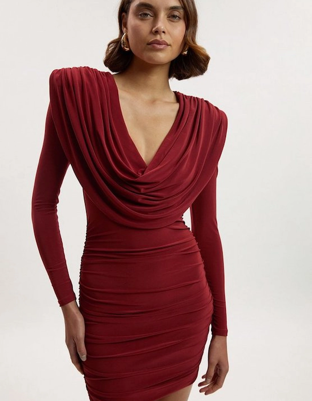 Stretch Drapey Crepe Ruched Plunge Neck Long Sleeve Mini Dress, 2 of 1