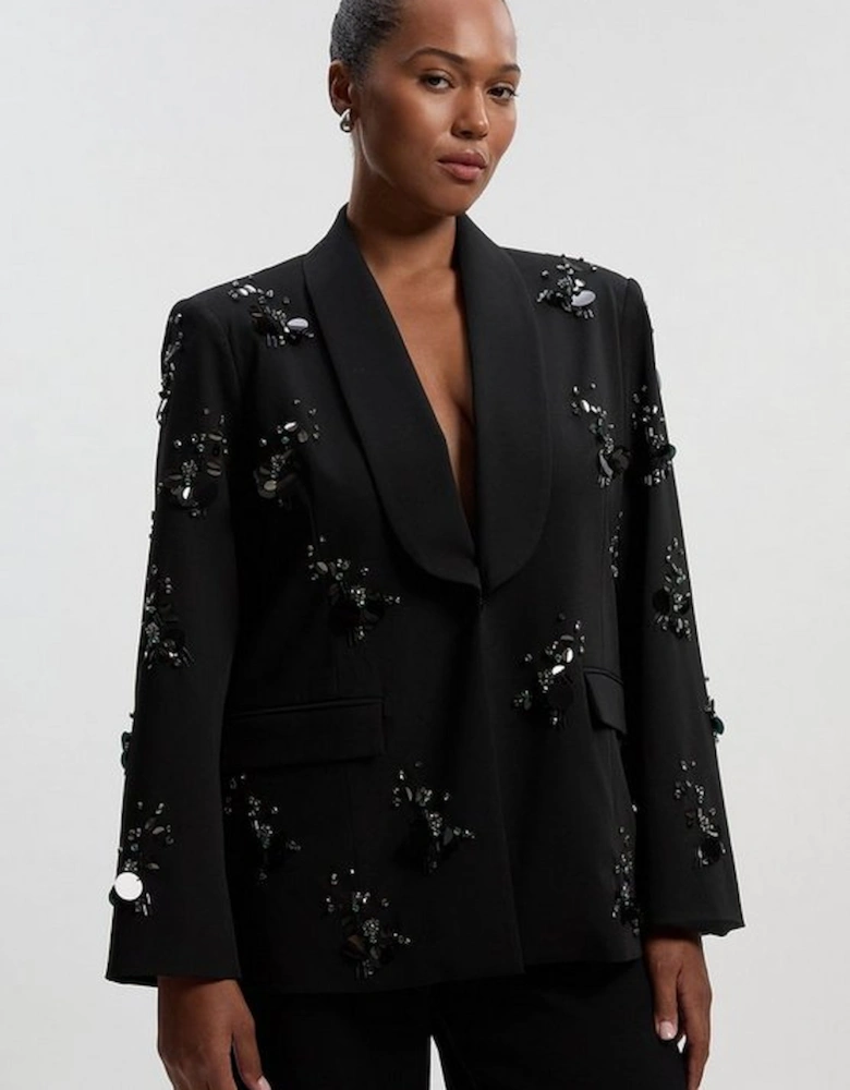 Plus Size Cluster Sequin & Crystal Embellished Tailored Single Breast Blazer