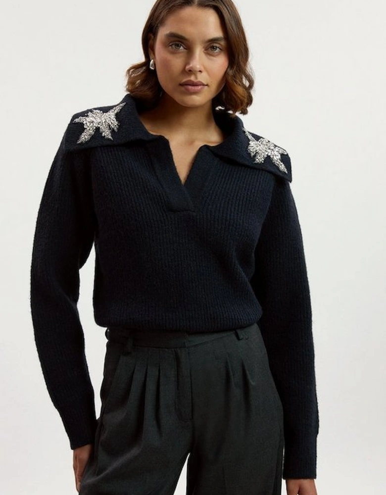 Embellished Cosy V Neck Collar Knit Jumper