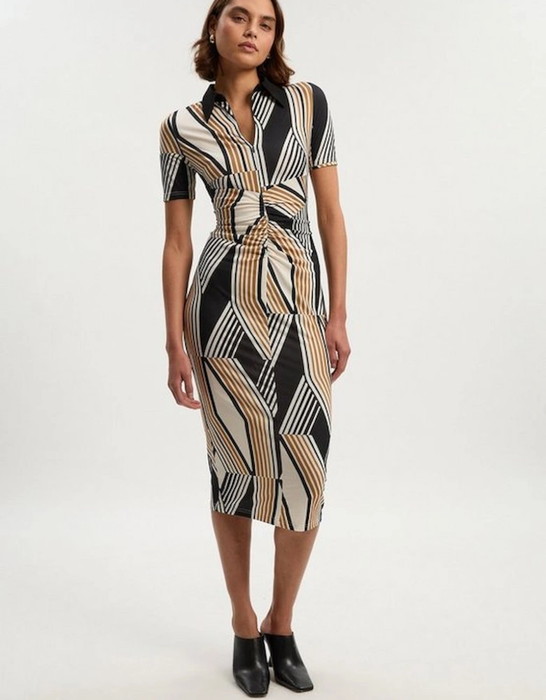 Geo Print Crepe Collared Midi Dress