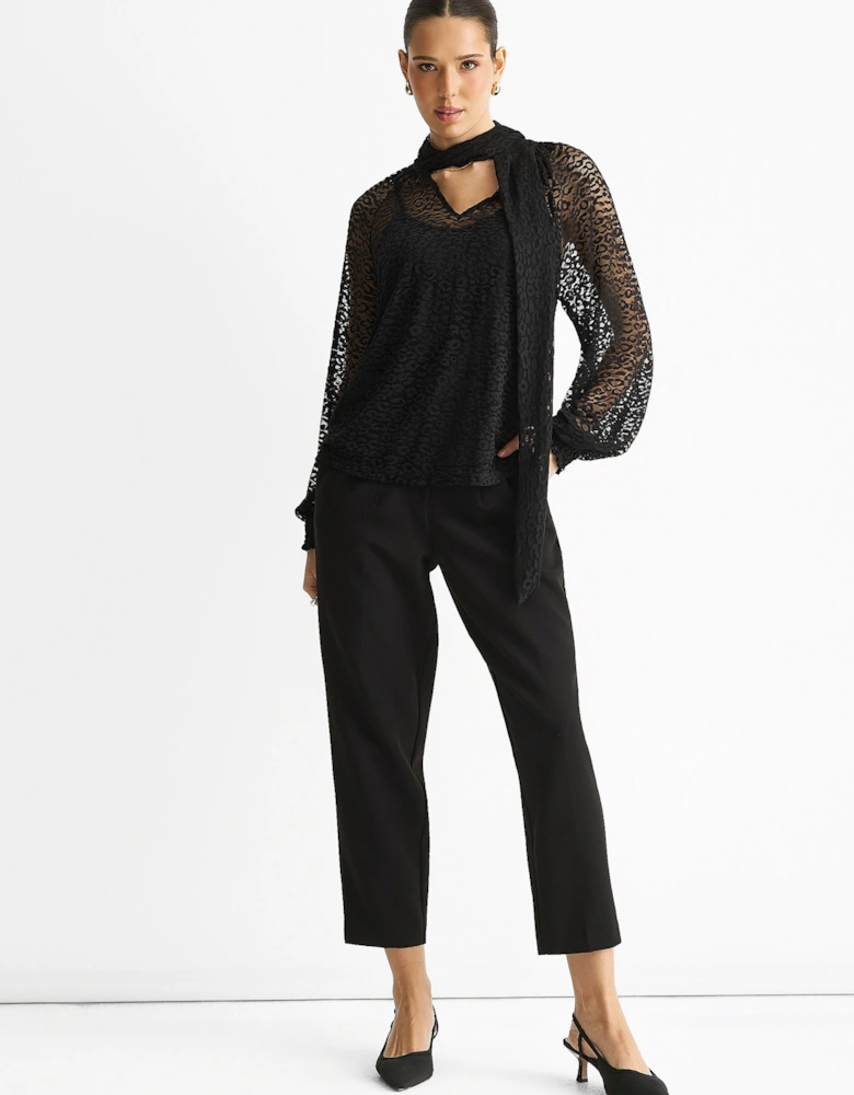 Black Animal Lace Neck Tie Detail Blouse