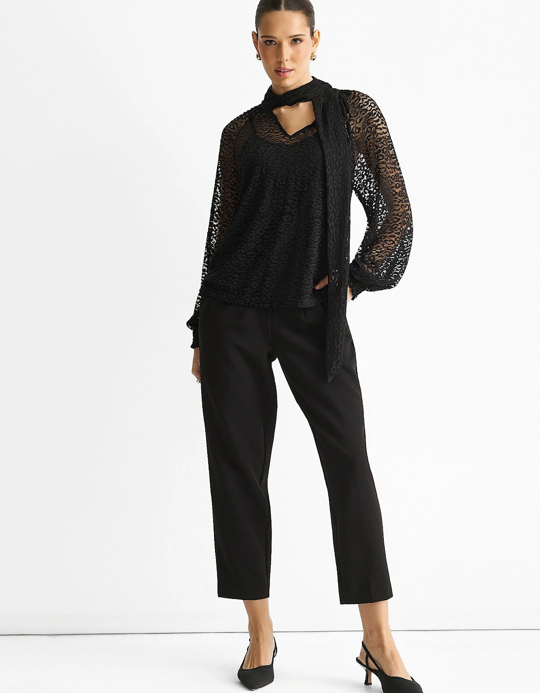 Black Animal Lace Neck Tie Detail Blouse, 5 of 4