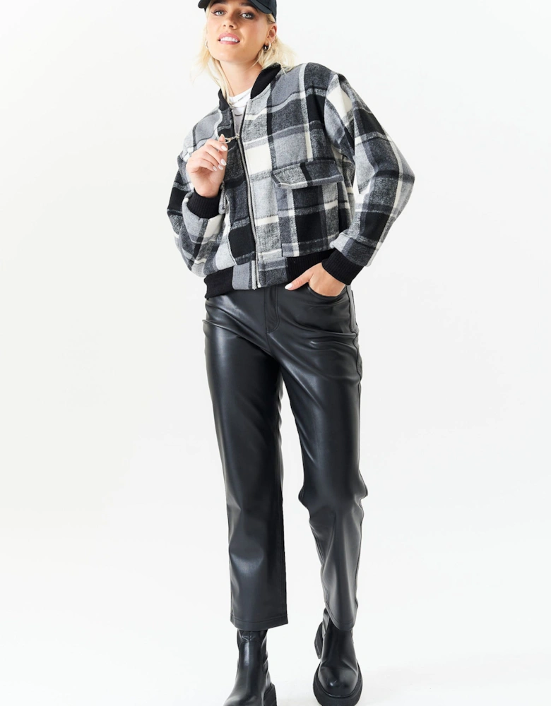 Black Contrast Rib Check Bomber Jacket