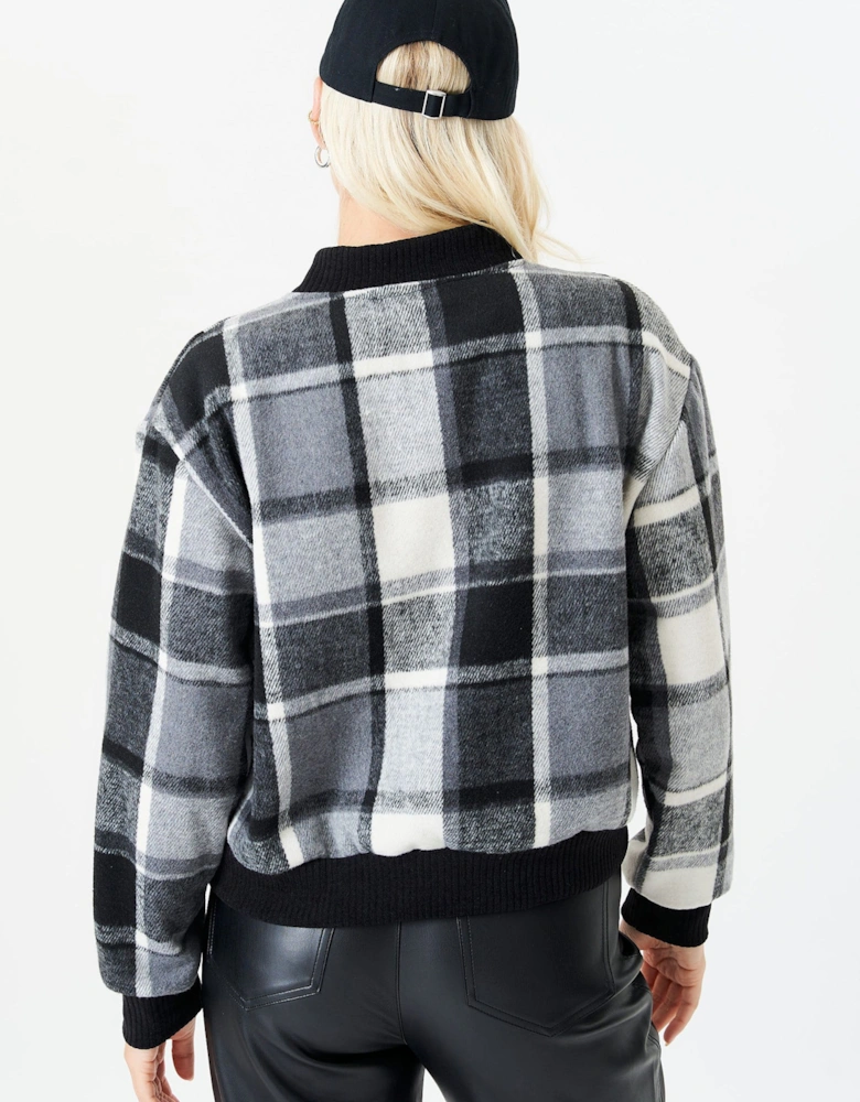 Black Contrast Rib Check Bomber Jacket