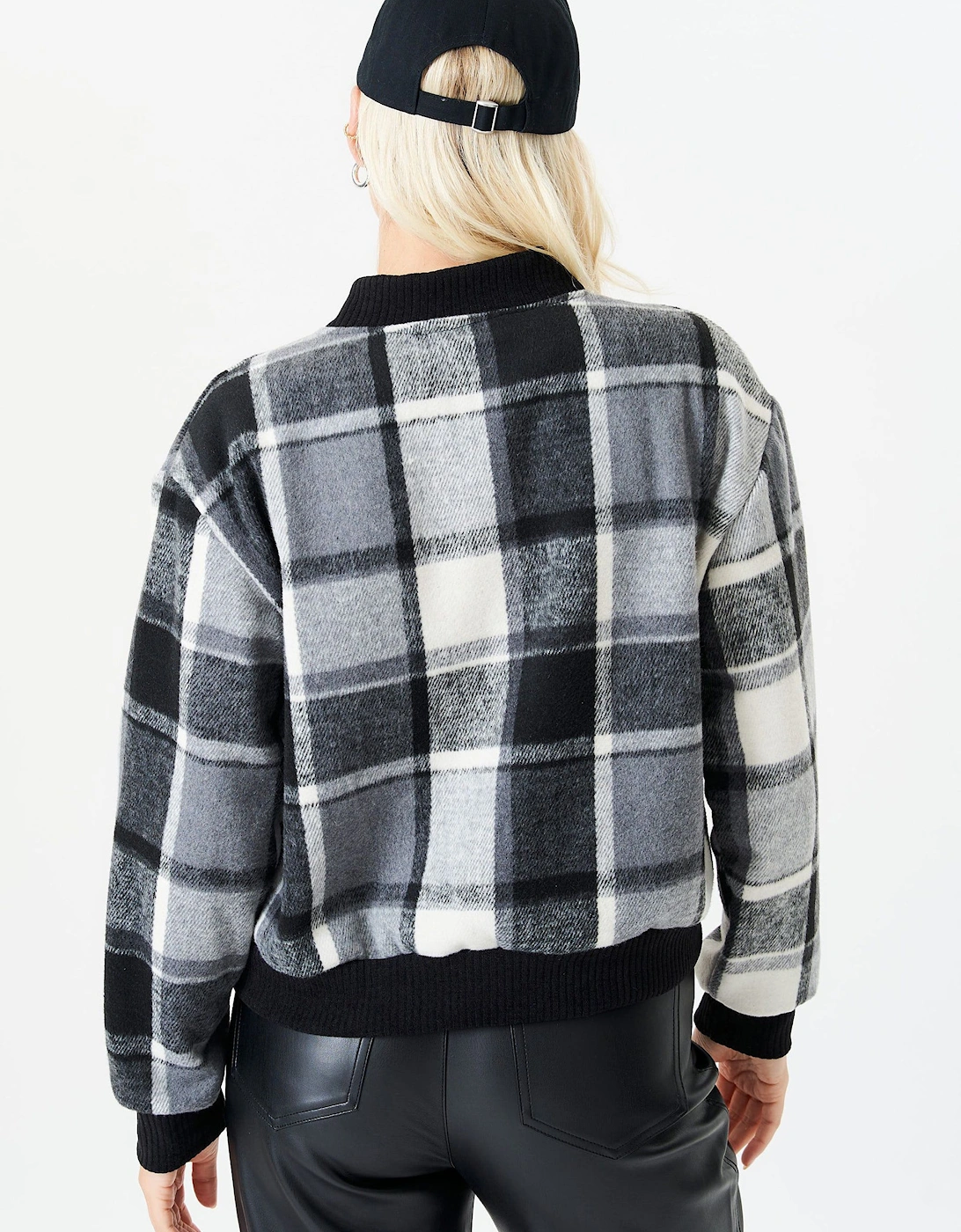 Black Contrast Rib Check Bomber Jacket