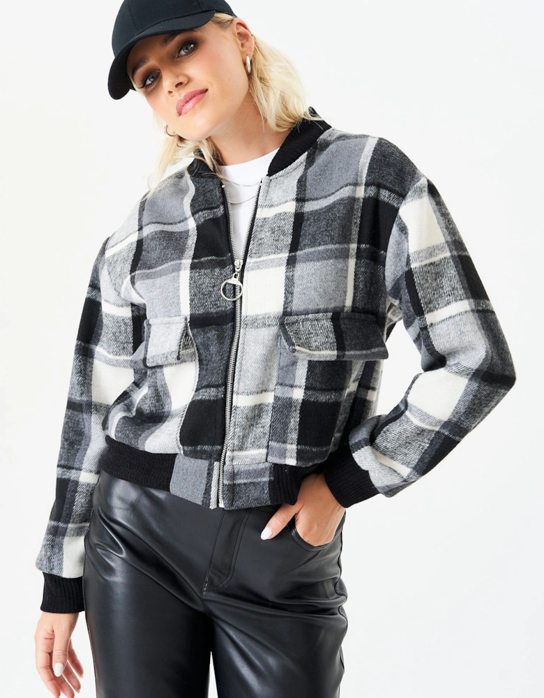 Black Contrast Rib Check Bomber Jacket