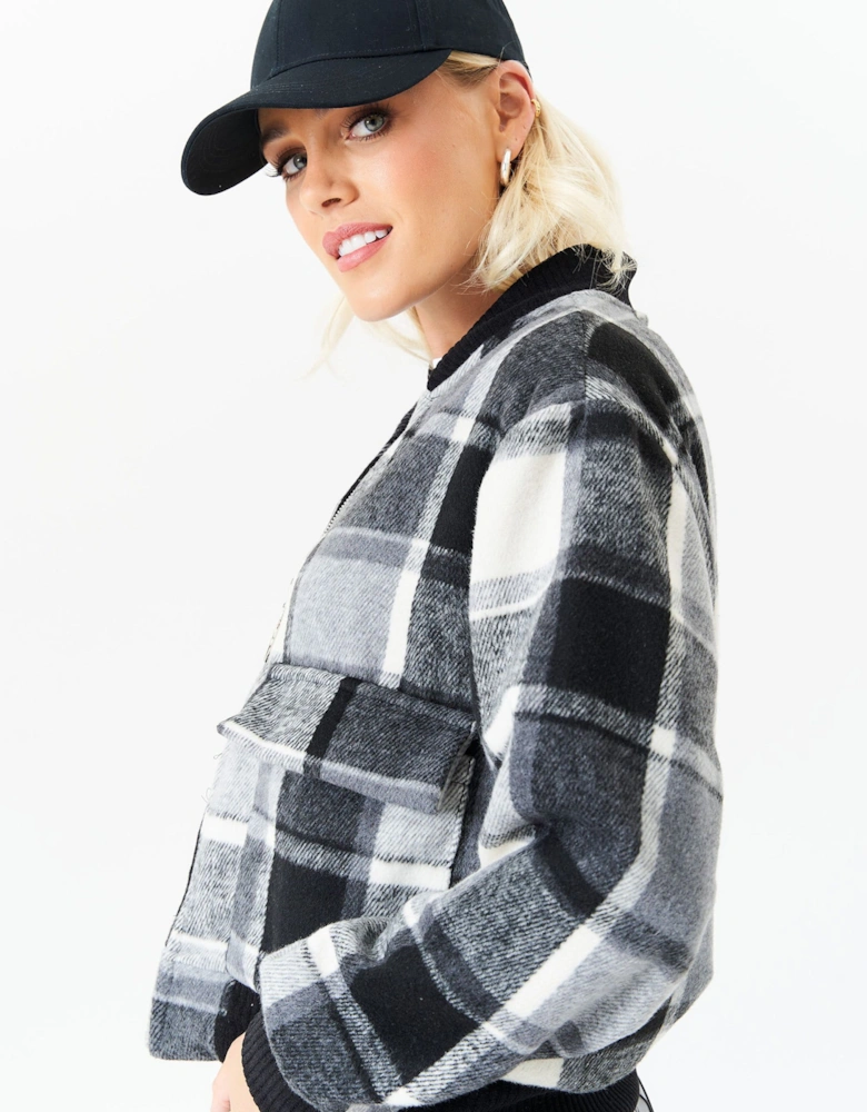 Black Contrast Rib Check Bomber Jacket